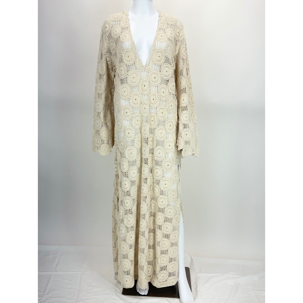 Ronny Kobo Collective Beige Crochet Medallion Maxi Dress Long Sleeve XXL AS IS - Picture 3 of 7